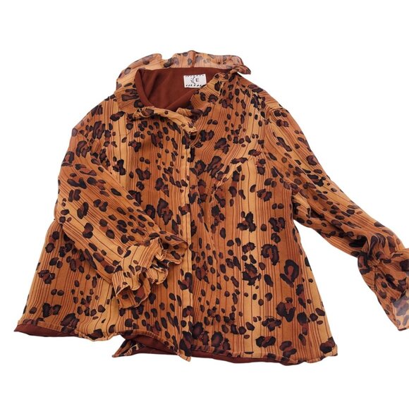 Leopard Print Pleated Blouse Ruffled Collar & Sleeves Flowy Design By Ice Size M - Picture 1 of 4